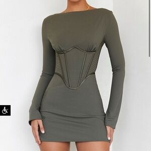House of CB Mistress Rocks Olive Green Corset Sleeve Mini Dress